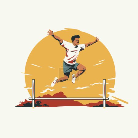 Illustration for Athletic man jumping over hurdle. Vector illustration in retro style - Royalty Free Image