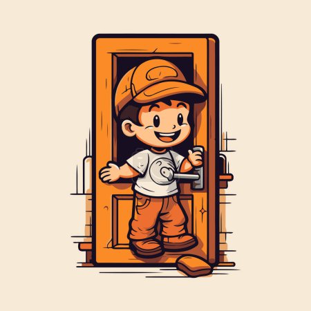 Téléchargez les illustrations : Illustration vectorielle d'un garçon dans un casque de construction réparant une porte avec une clé. - en licence libre de droit