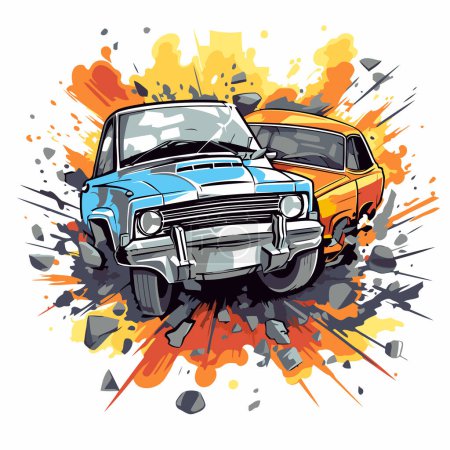 Illustration for Vector illustration of an old car on a grunge background with splashes - Royalty Free Image