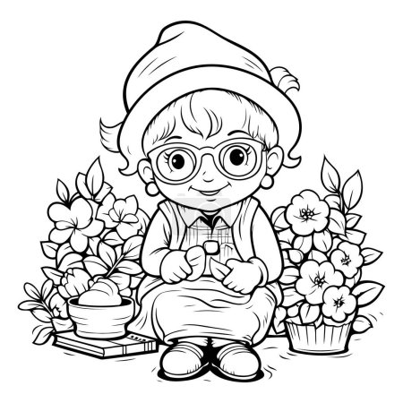 Téléchargez les illustrations : Illustration schématique d'une petite fille dans un chapeau assise sur un banc avec une tasse de thé et lisant un livre - en licence libre de droit