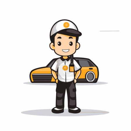 Téléchargez les illustrations : Cartoon chauffeur de taxi avec voiture sur fond blanc. Illustration vectorielle. - en licence libre de droit