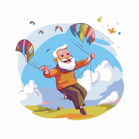 Téléchargez les illustrations : Heureux vieil homme sautant avec cerf-volant dans le parc illustration vectorielle dessin animé graphisme - en licence libre de droit