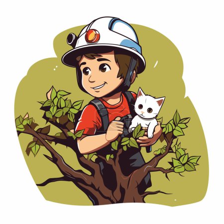 Ilustración de Ilustración vectorial de un niño en un casco con un gato en un árbol. - Imagen libre de derechos