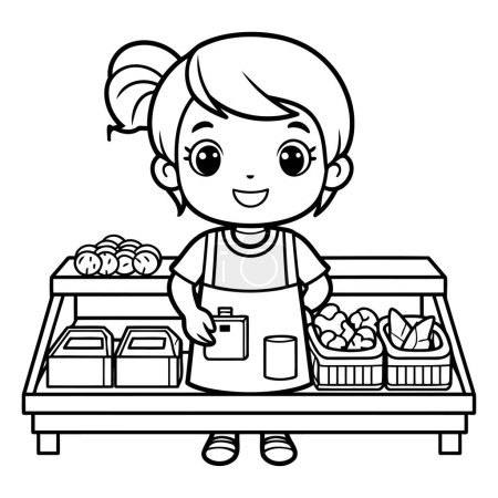 Téléchargez les illustrations : Illustration de bande dessinée en noir et blanc d'une mignonne petite fille achetant des produits alimentaires au supermarché - en licence libre de droit