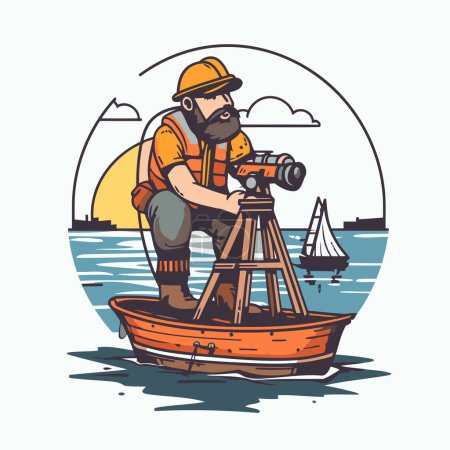 Téléchargez les illustrations : Illustration vectorielle d'un homme avec une caméra sur un bateau en bois dans la mer. - en licence libre de droit