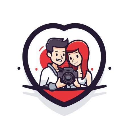 Téléchargez les illustrations : Illustration vectorielle d'un couple amoureux d'une caméra en forme de cœur. - en licence libre de droit