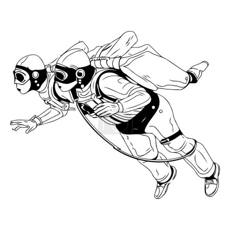 Astronaut fliegt im All. Schwarz-weiße Vektorabbildung.