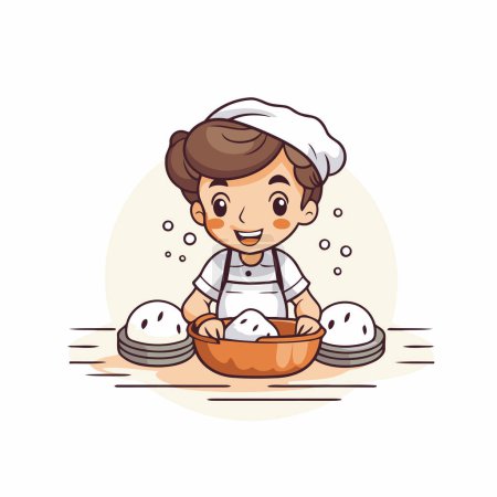 Téléchargez les illustrations : Joli petit garçon en chapeau de chef et gâteau de cuisine tablier. Illustration vectorielle. - en licence libre de droit