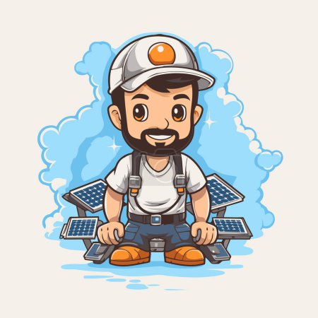 Illustration for Cartoon mechanic wearing helmet and overalls with solar panels. Vector illustration. - Royalty Free Image