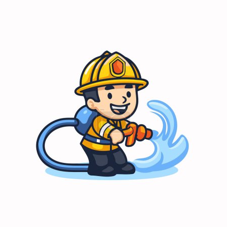 Téléchargez les illustrations : Pompier avec tuyau d'incendie personnage de dessin animé vecteur Illustration sur un fond blanc - en licence libre de droit