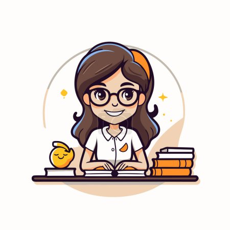 Téléchargez les illustrations : Illustration vectorielle d'une fille assise au bureau et lisant un livre - en licence libre de droit