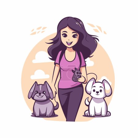Illustration for Girl with dogs. Vector illustration in cartoon style on white background. - Royalty Free Image