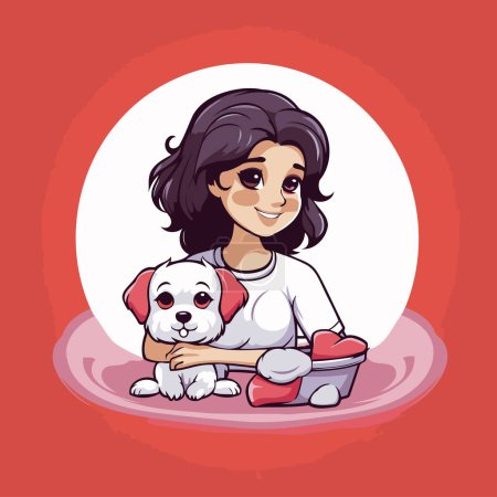 Illustration for Girl with a dog. Vector illustration on a red background. Cartoon style. - Royalty Free Image
