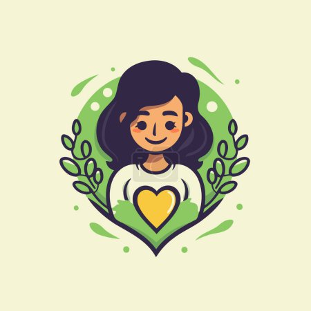 Illustration for Cute girl with heart and leaves. Vector illustration in cartoon style. - Royalty Free Image