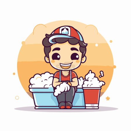 Illustration for Cute boy with bucket of soap. Vector illustration in cartoon style. - Royalty Free Image