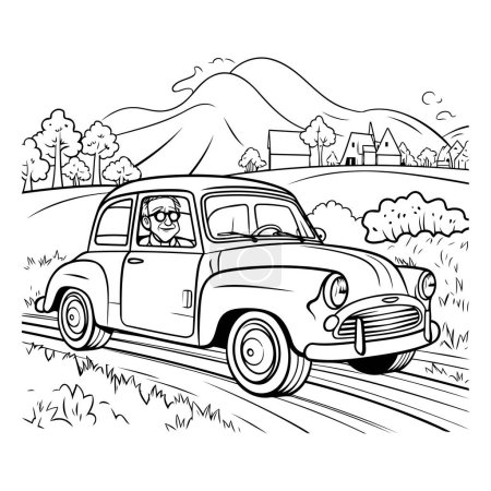 Illustration for Woman driving a retro car in the countryside. black and white vector illustration - Royalty Free Image