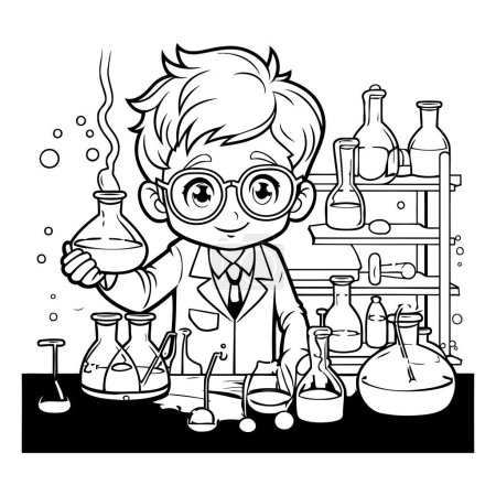 Illustration for Boy scientist in laboratory. Black and white vector illustration for coloring book. - Royalty Free Image