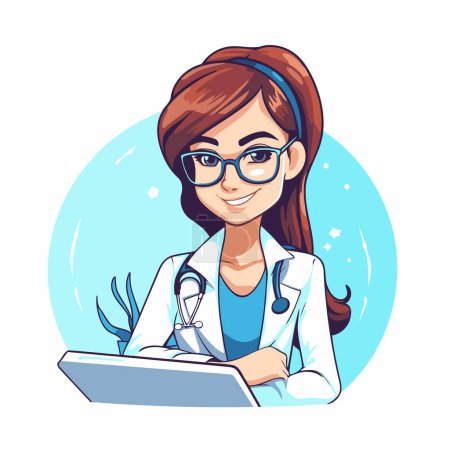 Téléchargez les illustrations : Médecin féminin avec stéthoscope et ordinateur portable. Illustration vectorielle dans le style dessin animé. - en licence libre de droit