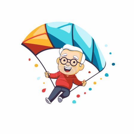 Illustration for Happy old man flying on a parachute. Vector illustration in cartoon style - Royalty Free Image