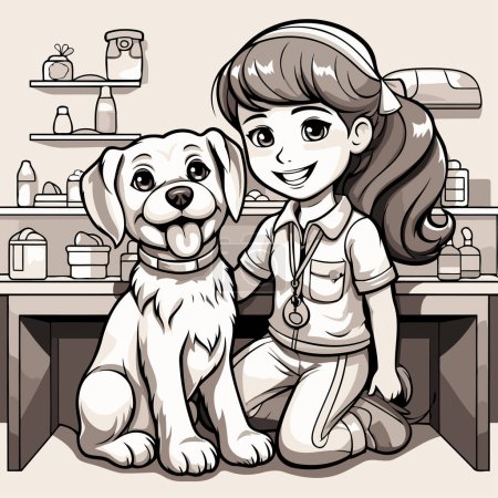 Illustration for Little girl and her dog in the kitchen. Vector cartoon illustration. - Royalty Free Image