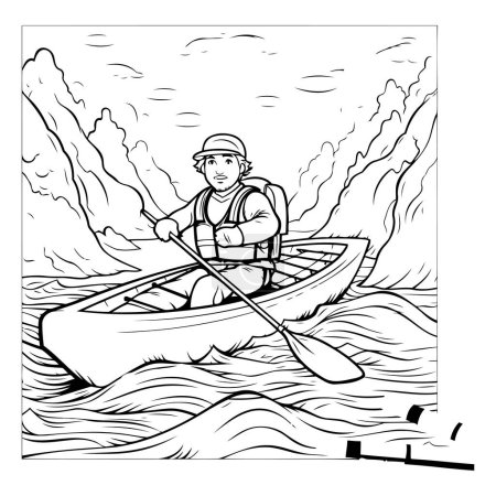 Illustration for Black and White Cartoon Illustration of Man Kayaking in the Sea or Ocean for Coloring Book - Royalty Free Image