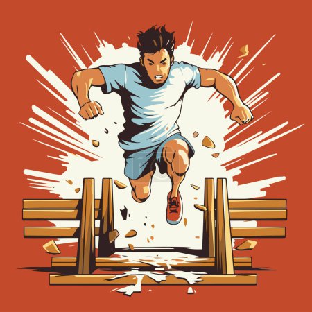 Téléchargez les illustrations : Illustration vectorielle d'un homme sautant par-dessus un obstacle dans un style grunge - en licence libre de droit