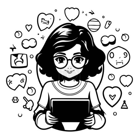 Ilustración de Chica con la tableta y los iconos de redes sociales. Ilustración vectorial en estilo doodle - Imagen libre de derechos