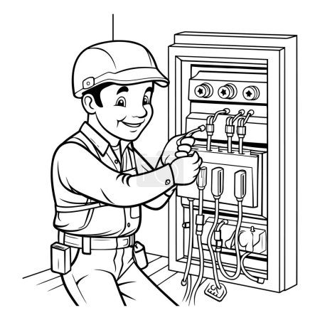 Téléchargez les illustrations : Dessin animé noir et blanc illustrant un électricien ou un technicien réparant un panneau électrique - en licence libre de droit