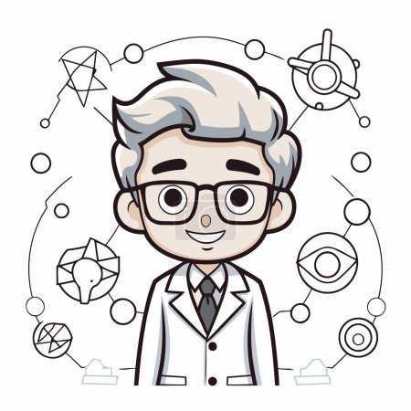 Téléchargez les illustrations : Illustration vectorielle d'un médecin avec des lunettes et un manteau blanc sur fond blanc. - en licence libre de droit