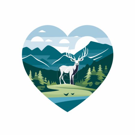 Téléchargez les illustrations : Cerf en forme de cœur avec des montagnes en arrière-plan. Illustration vectorielle - en licence libre de droit