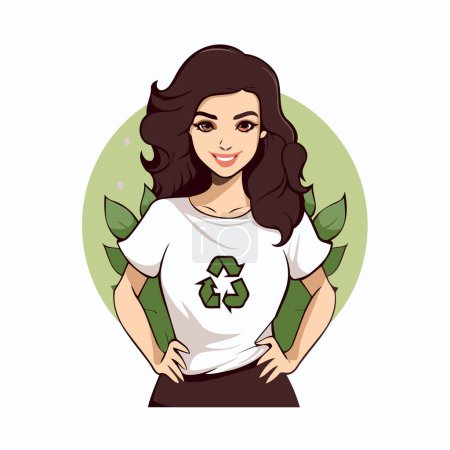 Téléchargez les illustrations : Jolie fille avec symbole de recyclage sur son t-shirt. Illustration vectorielle. - en licence libre de droit
