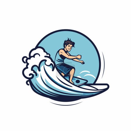 Illustration for Vector illustration of a surfer riding a wave viewed from front set inside circle on isolated white background. - Royalty Free Image