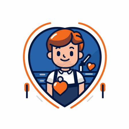 Illustration for Vector illustration of a boy with a heart in the form of a shield - Royalty Free Image