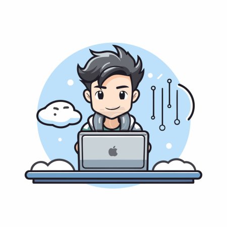Illustration for Man using a laptop in the cloud. Vector illustration in cartoon style. - Royalty Free Image