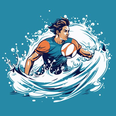 Illustration for Surfer with a ball on a wave. Vector illustration in retro style. - Royalty Free Image