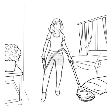 Ilustración de Ilustración vectorial de una joven aspirando la sala de estar. - Imagen libre de derechos