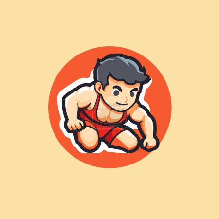 Plantilla de logotipo Fitness Boy. Ilustración vectorial de un personaje de dibujos animados.