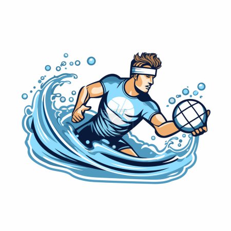 Illustration for Water polo player with ball and racket on the wave. Vector illustration - Royalty Free Image