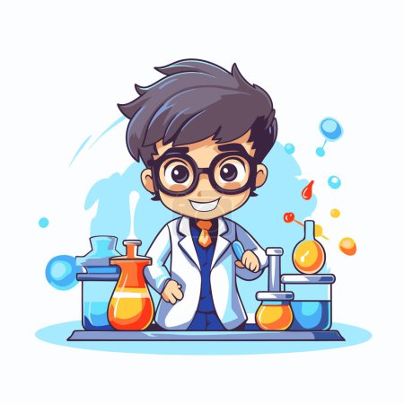 Téléchargez les illustrations : Joli petit garçon scientifique en blouse de laboratoire et lunettes. Illustration vectorielle - en licence libre de droit