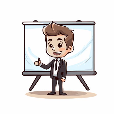 Téléchargez les illustrations : Homme d'affaires qui se présente sur un tableau blanc. Illustration vectorielle de personnage de dessin animé. - en licence libre de droit