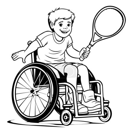 Téléchargez les illustrations : Garçon handicapé dans un fauteuil roulant jouant au tennis. Illustration vectorielle noir et blanc. - en licence libre de droit