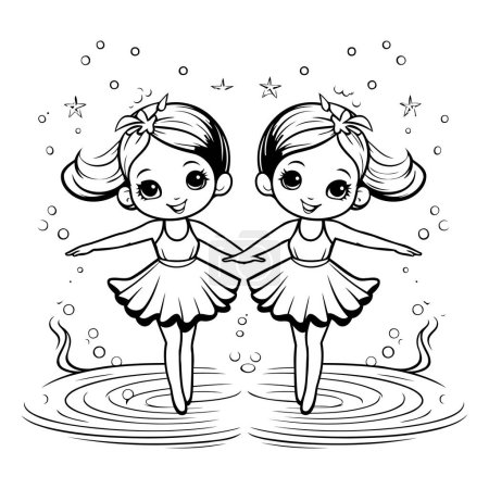 Téléchargez les illustrations : Jolies petites filles en noir et blanc. Illustration vectorielle pour livre à colorier. - en licence libre de droit