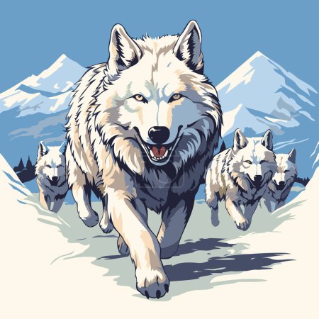 Illustration vectorielle d'un loup hurlant avec un groupe de chiens.