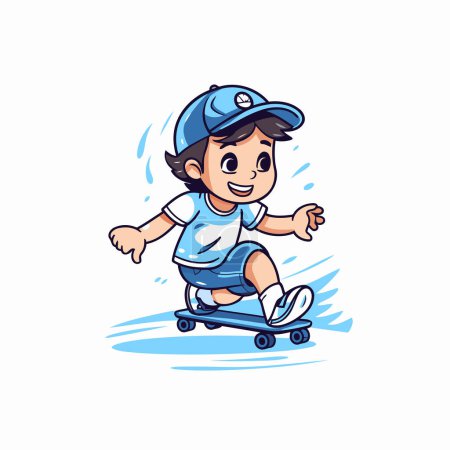 Téléchargez les illustrations : Dessin animé garçon chevauchant un skateboard isolé sur fond blanc. Illustration vectorielle. - en licence libre de droit