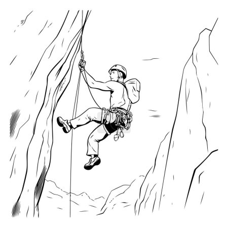 Illustration for Climber climbing on a cliff. Black and white vector illustration. - Royalty Free Image