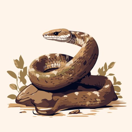 Ilustración de Bonita serpiente de dibujos animados. Ilustración vectorial de una serpiente sobre una piedra. - Imagen libre de derechos