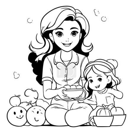 Illustration for Mother and daughter eating healthy food. Black and white vector illustration for coloring book. - Royalty Free Image