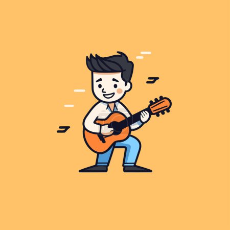 Téléchargez les illustrations : Homme jouant de la guitare. Mignon personnage de dessin animé. Illustration vectorielle plate. - en licence libre de droit