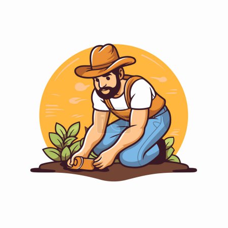 Téléchargez les illustrations : Jardinier creuser un trou dans le sol. Illustration vectorielle. - en licence libre de droit