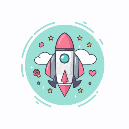 Illustration for Rocket icon in flat line style. Vector illustration on white background. - Royalty Free Image